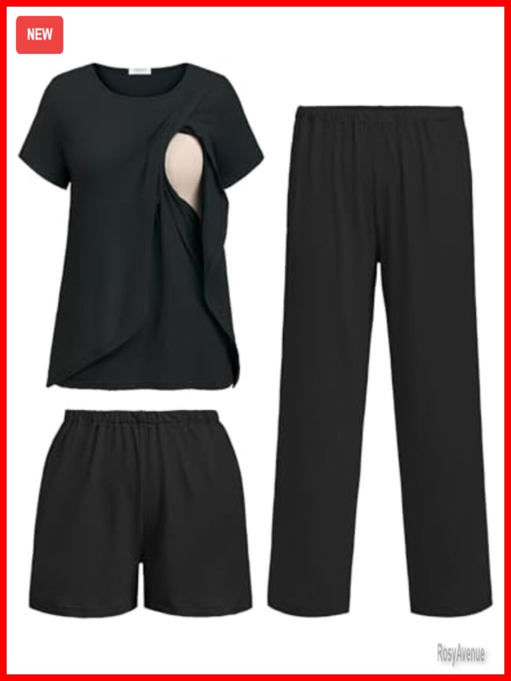 3-Piece Maternity Nursing Pajama Set - Short Sleeve Tee, Shorts, Pants